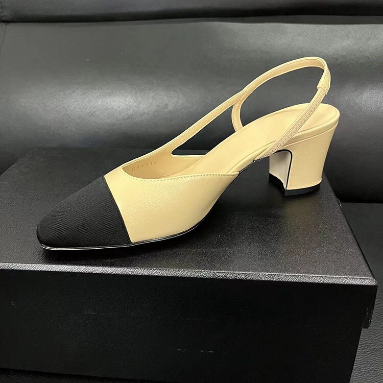 Super Classic Spring and Summer Thick-Heeled Sheepskin Color-Blocked Back Strap Sandals Square-Toe Shallow High-Heeled Shoes for Women