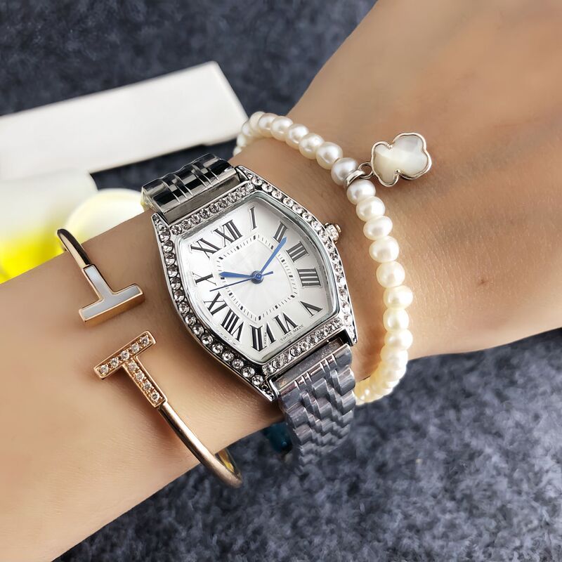 Trendy Silver Steel Band Barrel-Shaped Diamond Design Fashion Retro Watch White Dial Roman Time Mark Watch