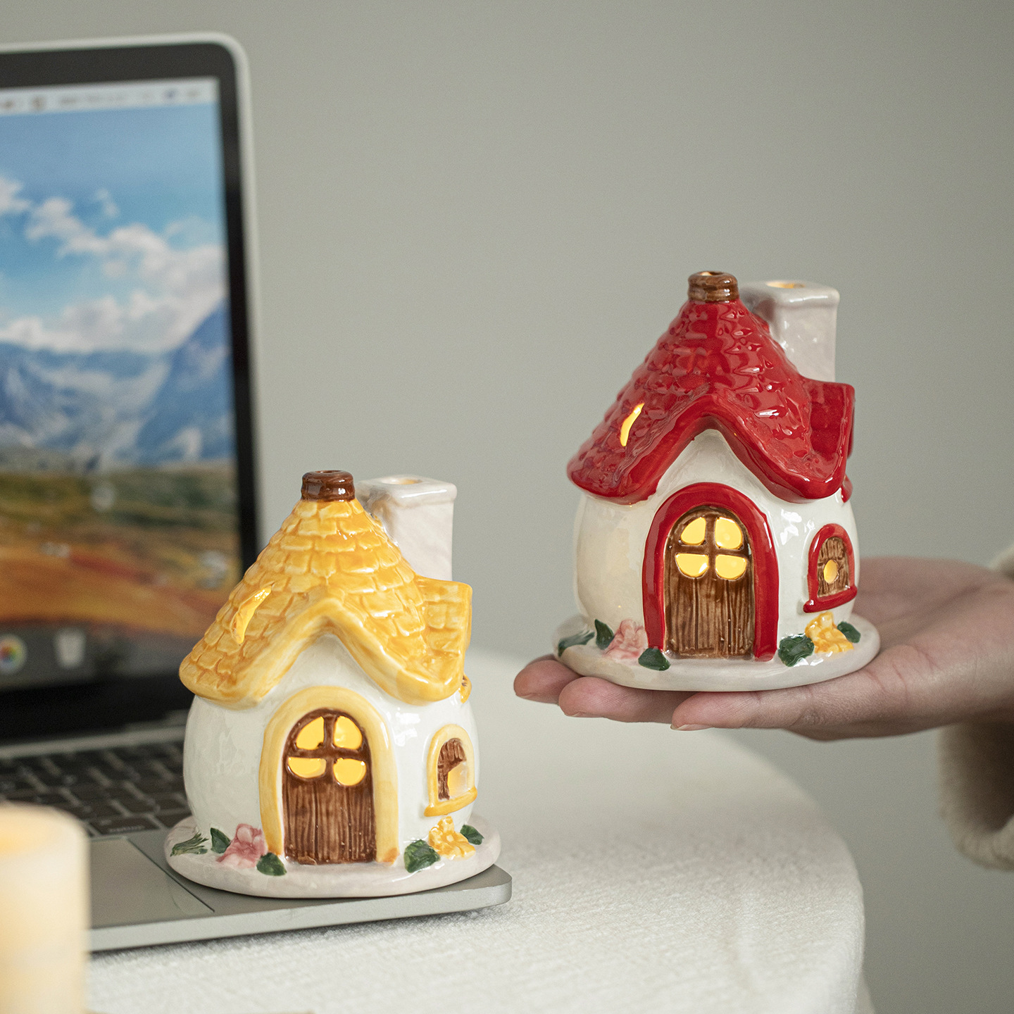 Casa de cerámica pastoral en la casa de viento lámpara de noche noche noche de la cama de la atmósfera de la chica amiga regalos de cumpleaños decoración adornos