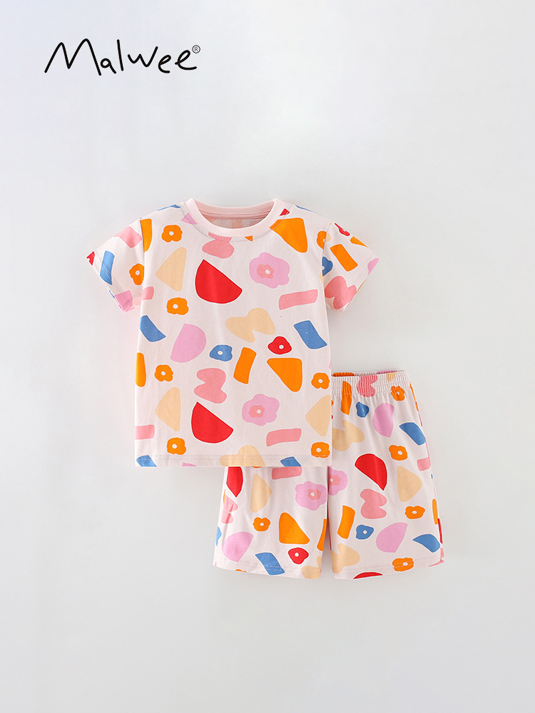 Malwee niñas traje de verano nuevos niños europeos y americanos casual impreso cuello redondo manga corta cintura elástica pantalones