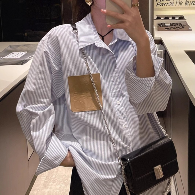 Lowe Leather Pocket Striped Long-Sleeve Shirt for Women, Casual Loose Top, Korean and Japanese Style, Fashionable and Versatile, Loose Fit