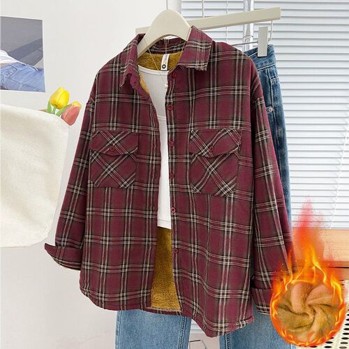 Retro sanded long-sleeved velvet lazy thick warm plaid shirt coat shirt loose new large size top