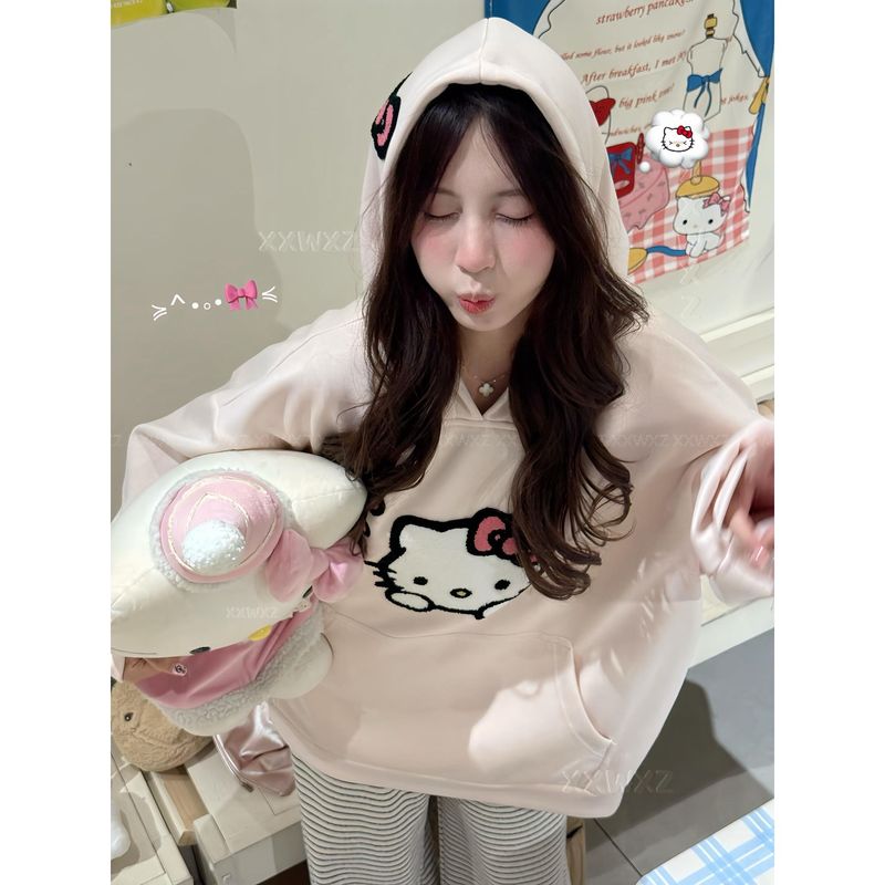 可爱萌系Kitty猫刺绣连帽卫衣女新款宽松oversize慵懒风甜美外套|undefined