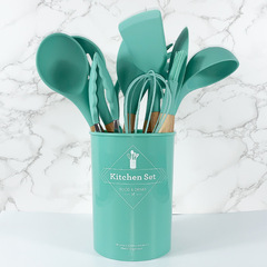 Factory Wood Handle Silicone Spatula 12-Piece Set, Anti-Collision Bottom Storage Bucket, Silicone Kitchen Utensil Set Wholesale