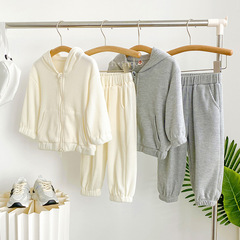 華夫格長袖衛衣套裝2023春秋季新款男女童休閒連帽外套運動褲0084