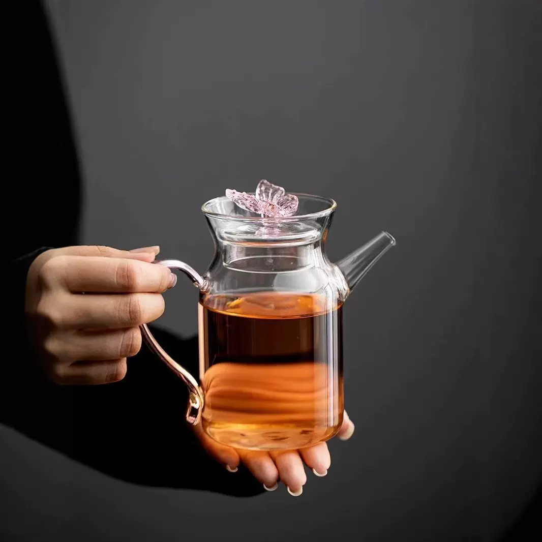 高硼硅透明玻璃立体蝴蝶造型泡茶壶中式复古仿宋手执玻璃壶套装