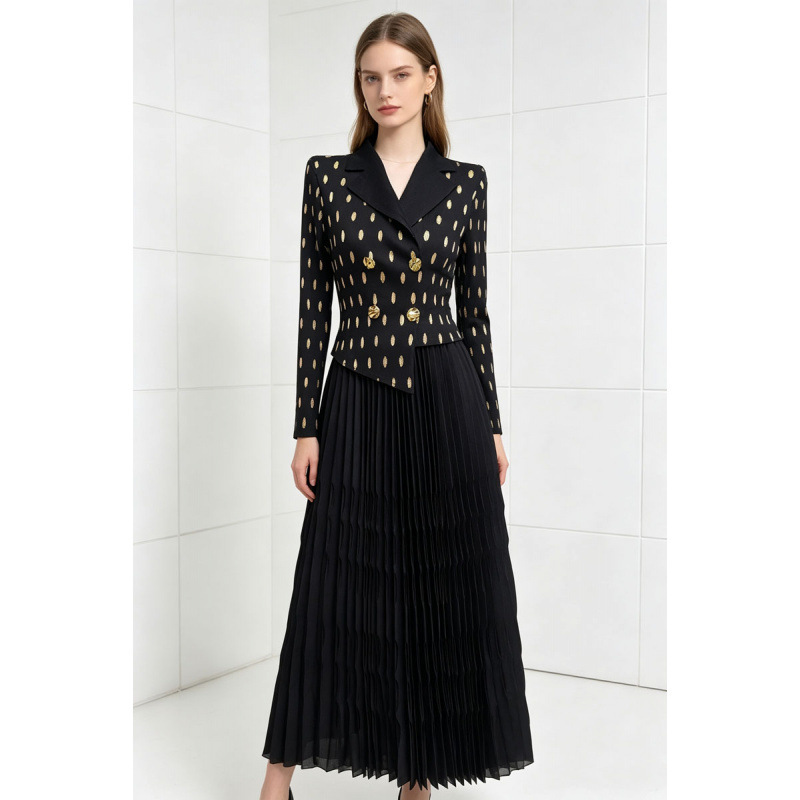 Cross-border foreign trade gold-embossed polka dot suit collar pleated dress, waist-cinching loose pleated skirt, plus-size women's long dress Cross-border foreign trade gold-embossed polka dot suit collar pleated dress, waist-cinching loose pleated skirt, plus-size women's long dress