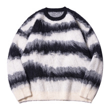 马海毛拉毛圆领羊毛衫男宽松条纹撞色美式潮流情侣小众针织衫毛衣