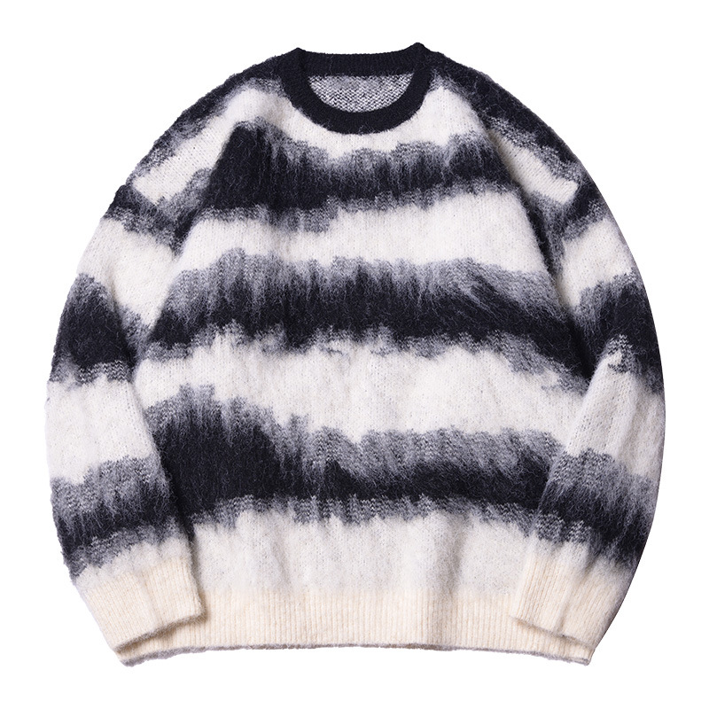 马海毛拉毛圆领羊毛衫男宽松条纹撞色美式潮流情侣小众针织衫毛衣