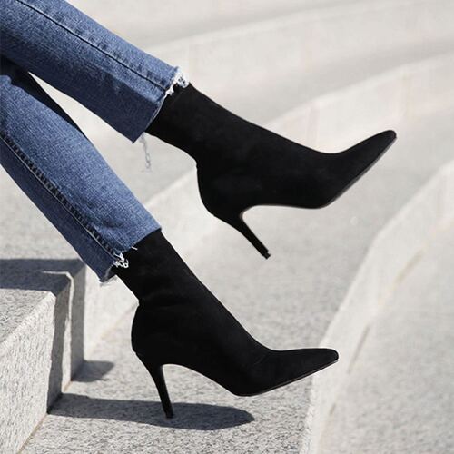 Black elastic sock boots with faux fur lining, mid-calf height, autumn/winter, stiletto toe, slimming fashion boots for women