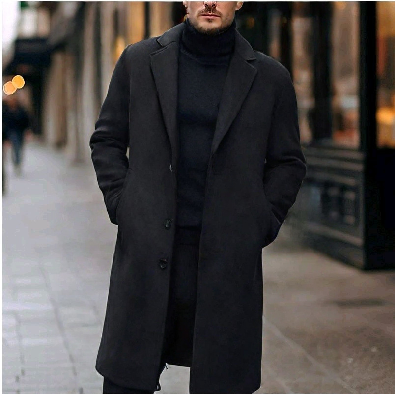 Men's Wool Trench Coat Single Breasted Long Overcoat For Men_voghion.com