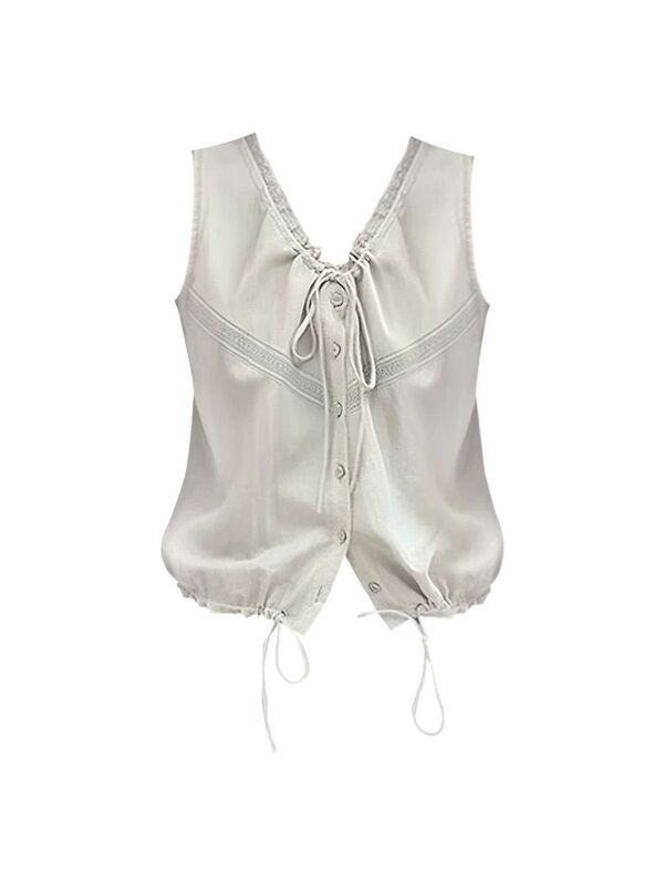 V-Neck Sleeveless Lace Drawstring Top in Gray Apricot Color, Stylish Short Shirt