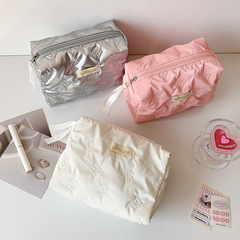 Hisocute 女の子シンプルな無地化粧品バッグ学生弓リボン鉛筆バッグ旅行トイレタリーバッグ