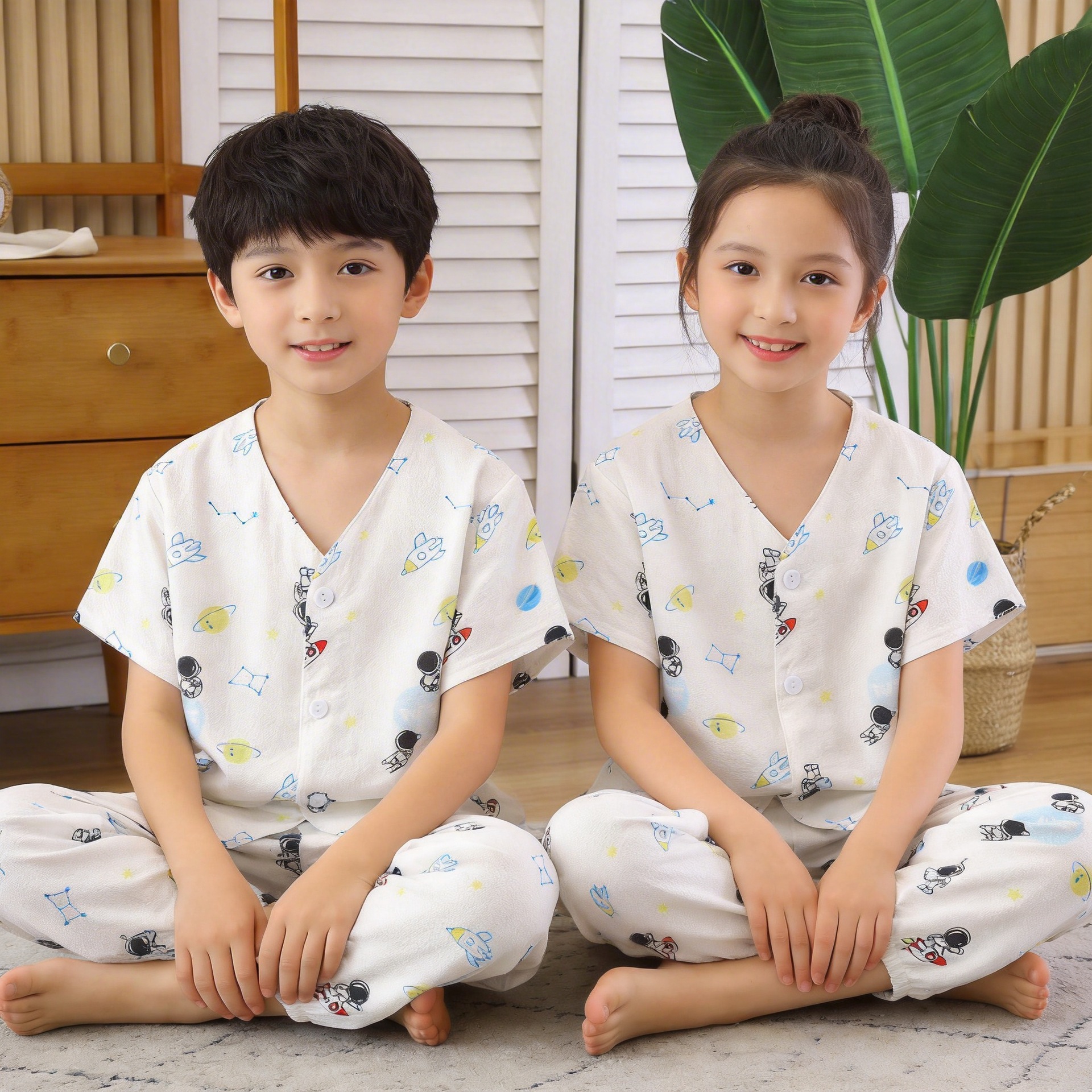Pijamas infantiles de verano para padres y niños de manga corta set de pantalones de siete puntos para niños y niñas de cuello V ropa delgada para el hogar pijamas para bebés