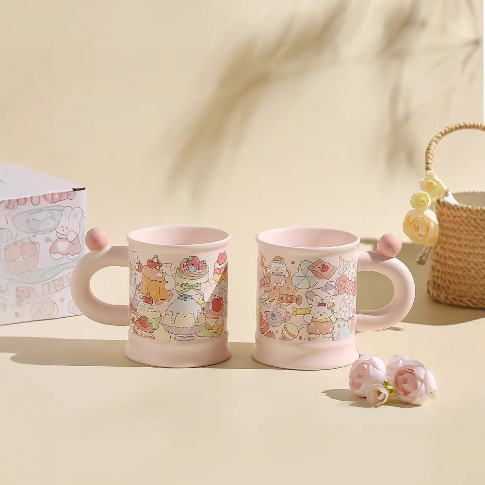 Taza de polvo de alta calidad, personalidad encantadora conejo, regalo de mano, taza de cerámica, taza de desayuno simple