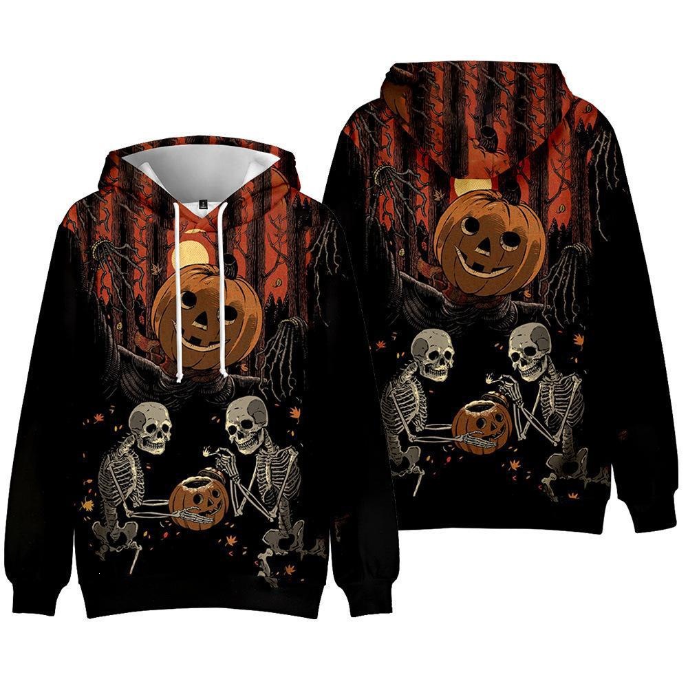 跨境春秋长袖连帽衫万圣节骷髅南瓜头3D印花时尚休闲带帽卫衣无领
