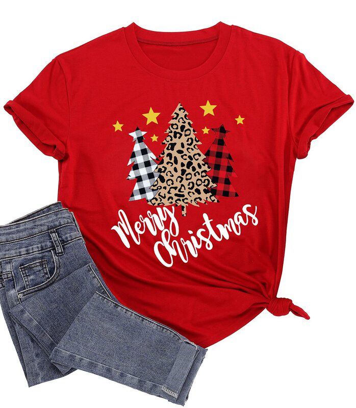 Christmas T-Shirt Women's Christmas Leopard Plaid Tree Letter Print Shirt Casual Short Sleeve T-Shirt Top Shirt Christmas T-Shirt Women's Christmas Leopard Plaid Tree Letter Print Shirt Casual Short Sleeve T-Shirt Top Shirt