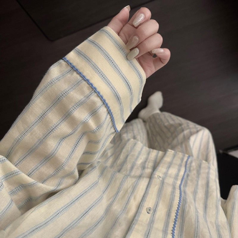 设计感简约休闲条纹睡衣女春秋新款慵懒风长袖长裤家居服可外穿|undefined