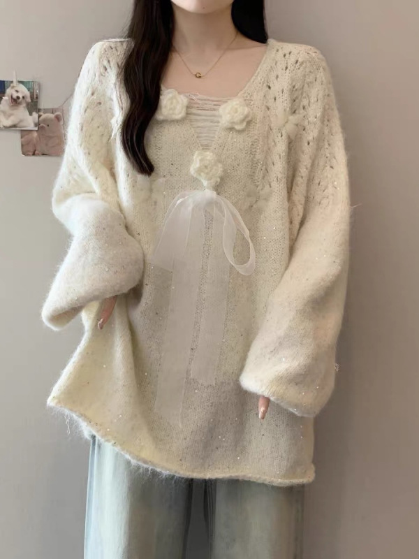 立体花朵亮片V领针织衫毛衣女款春秋2025大码胖mm法式蝴蝶结上衣|undefined