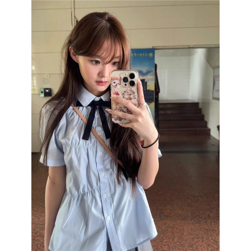 Blue Short-sleeved Shirt Women's Summer and Korean College Style Doll Shirt Pleated Top Design Sense Niche Jk Uniform Shirt