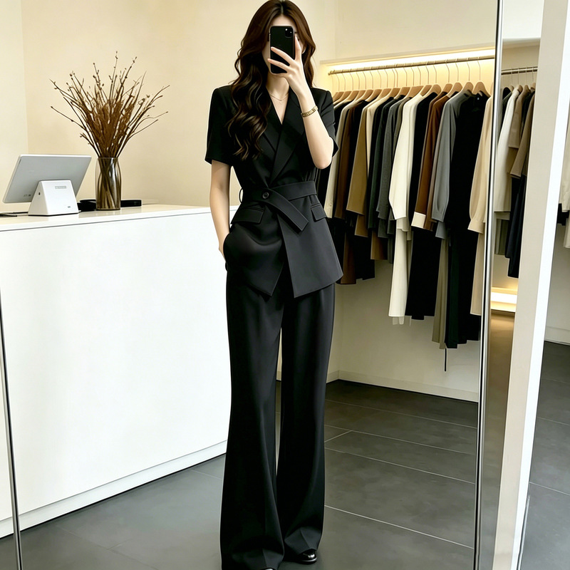 Xz151-Summer Thin Suit Set Plus Size Women's Clothing for Plus-Size Women Short-Sleeve Flared Pants Professional Interview Workwear Jacket