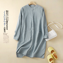 2022秋新款复古挽袖棉麻立领衬衫女中长款单排扣纯色时尚休闲衬衣