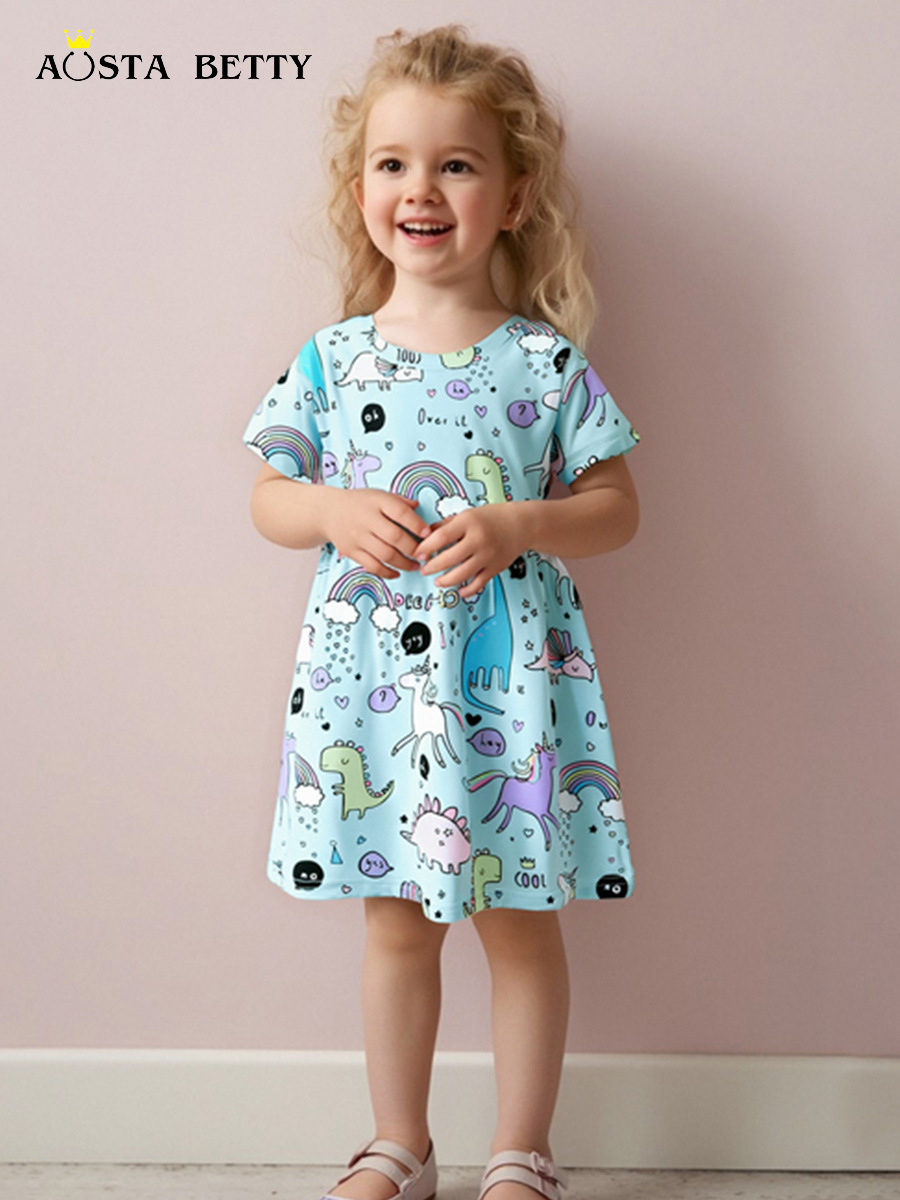 Vestido de niña de estilo europeo y americano 26 verano nuevo vestido de princesa de cuello redondo impresión de dibujos animados vestido infantil de mangas cortas un cabello