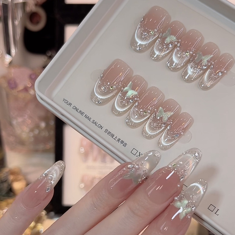 【Yudie】Handmade Wearable Nails in Ice-Transparent Green with Bowknot, French Style, High-End Look, Enhances Skin Tone, Wearable Nail Art Pieces