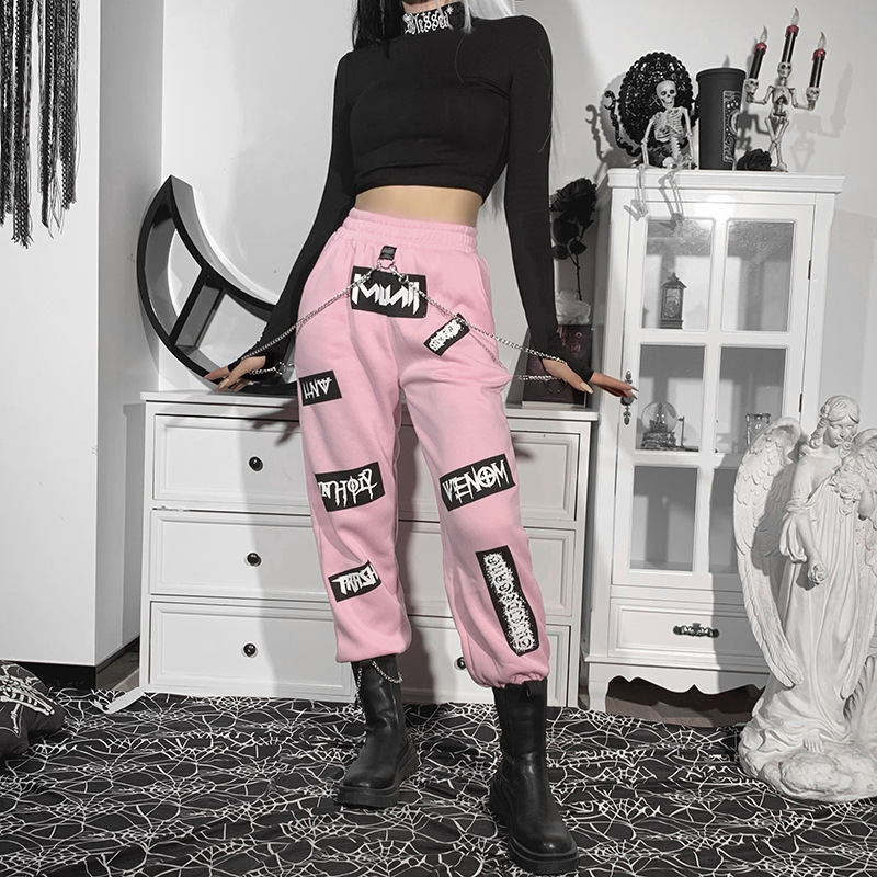 High Waist Letter Print Chain Decorated Sweatpants NSGYB97803