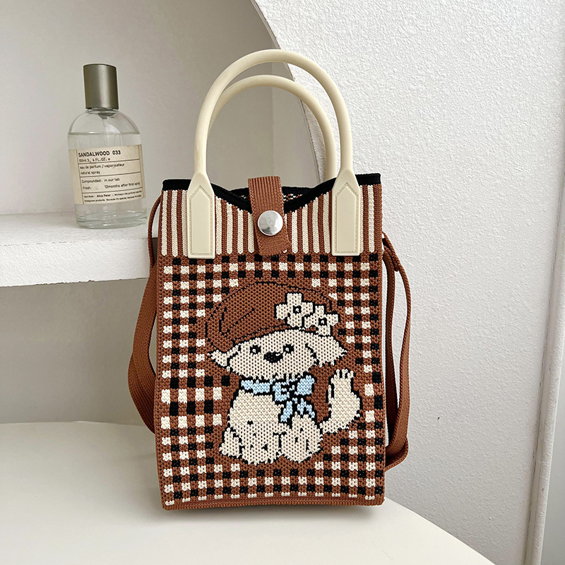 Bolsa de mochila, nicho de diseño, lindo bolso de teléfono móvil, gato de dibujos animados bolso de punto, bolso de mano, mini bolso de hombro de punto