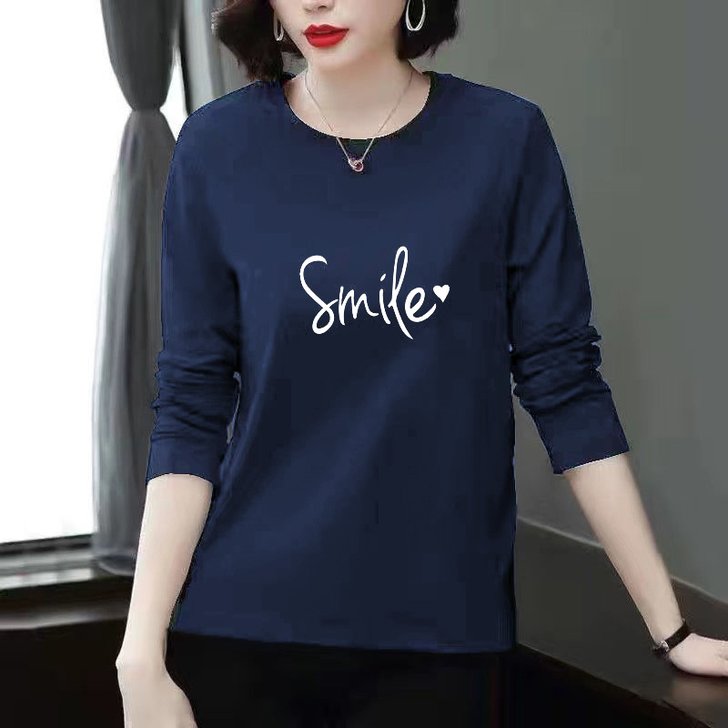 中年妈妈装纯棉长袖t恤女秋冬中长款宽松显瘦打底衫百搭休闲上衣