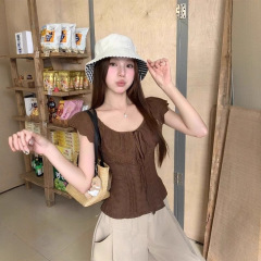 法式荷叶边绑带背心衬衫女夏季新款一字肩修身收腰上衣高级感小衫