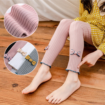 弹性大的九分裤女童打底裤一字结粗条纹打底裤儿童秋冬蝴蝶结裤子|ru