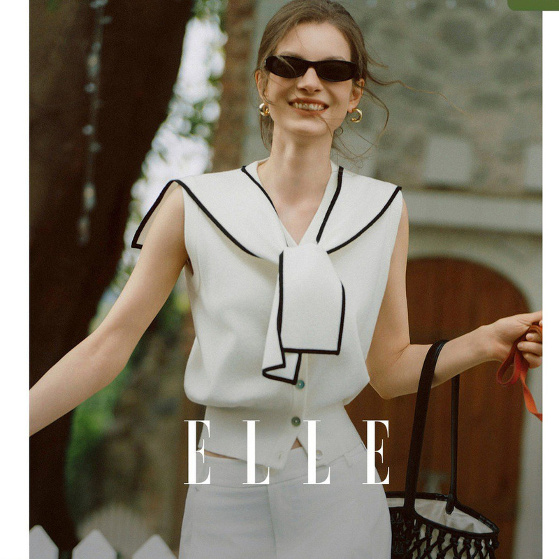 【Nautical Princess】Elle Color-Blocked Navy Collar Shawl Sleeveless Women's 2026 Spring New Design Knit Top