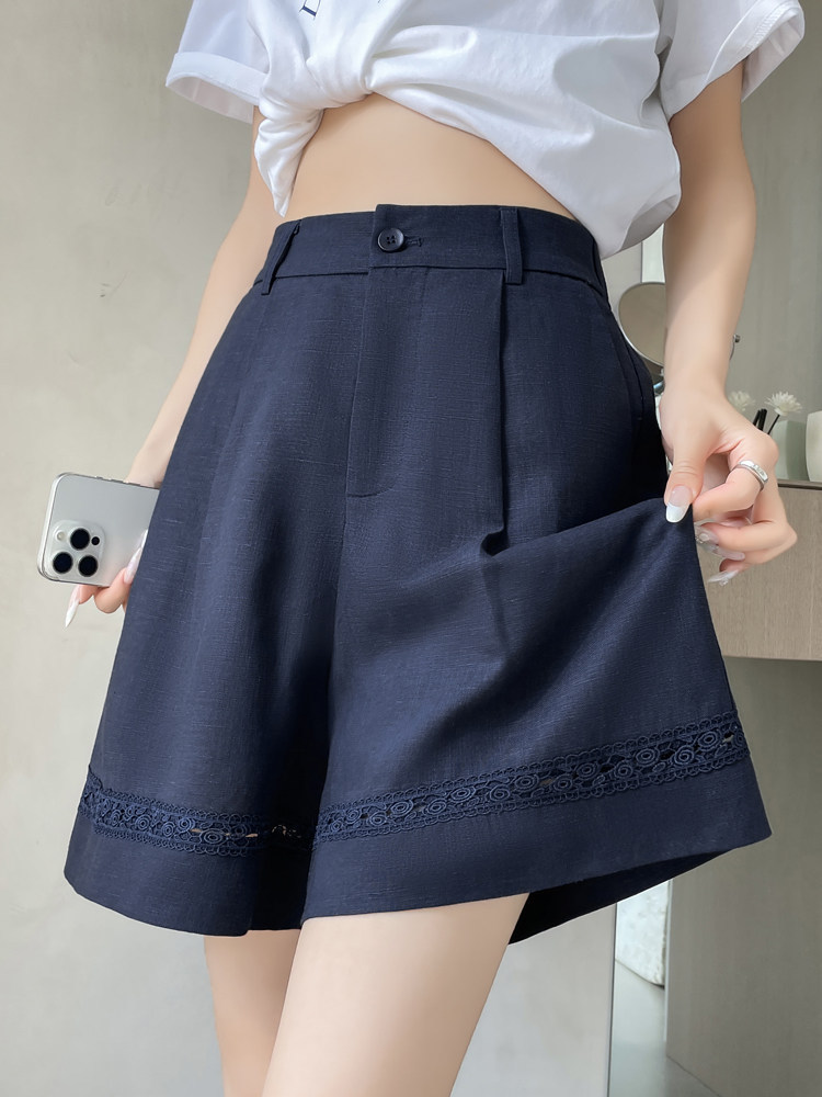 Quần short vải lanh nữ cạp cao ống rộng dáng chữ A — Xanh lông mòng đen