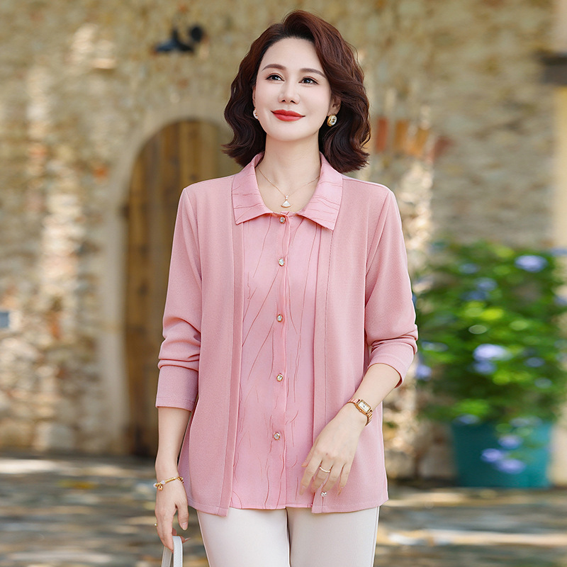 妈妈秋装气质假两件长袖衬衫时尚中老年女装针织小衫春秋宽松上衣|undefined