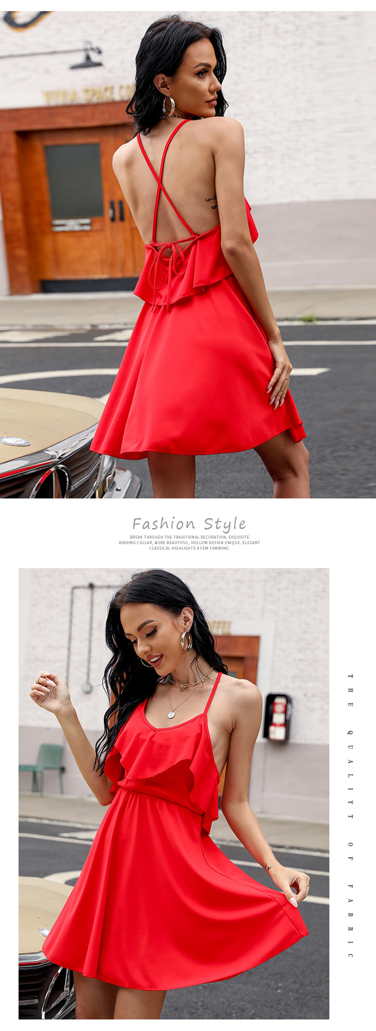Summer Women Solid Color Backless Pleated Sexy Ruffles Slim Dress Women