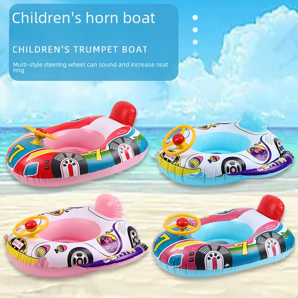 Children's cartoon inflatable swimming ring with steering wheel car horn boat seat baby swimming ring wholesale
