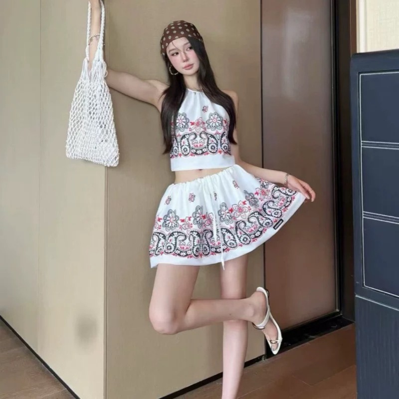 トレンドブランドmmシリーズNanyou高品質ホルターネックチューブトッププリントトップ+ハイウエストスリムスカート女性用年齢軽減スーツ|undefined