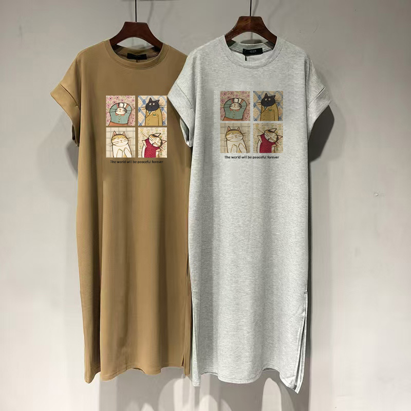 Pure Cotton T-Shirt Dress Women's New Korean Style Loose Casual Age-reducing Western Style Flying Sleeve Split dress Long Dress for Summer