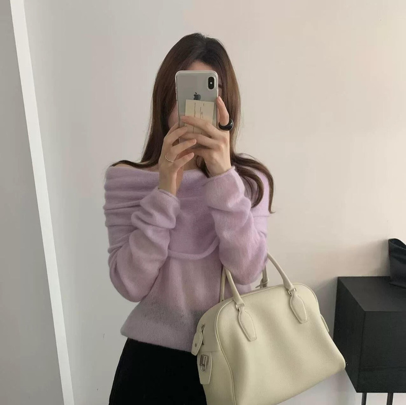 Ulour/U Spring French Style Cool and Elegant Versatile Slimming Off-Shoulder Long Sleeve Knitted Sweater for Women 55589