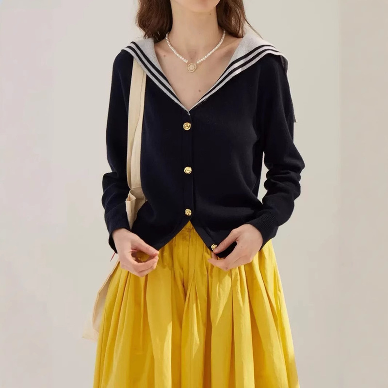 Sullegner French Navy Women's Spring Skin-Friendly Wool-Blend Slim-Fit V-neck Sweater