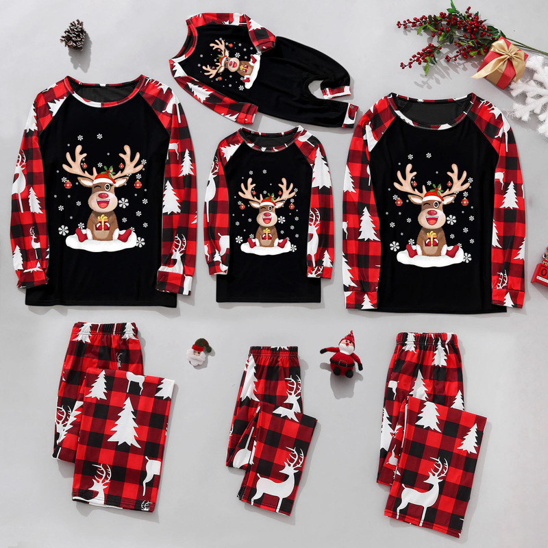 Family Wear European and American Raglan Long-Sleeved Christmas Family Home Clothes Set Plaid Pattern Print Christmas Family Wear European and American Raglan Long-Sleeved Christmas Family Home Clothes Set Plaid Pattern Print Christmas