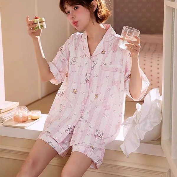 Cartoon Short-Sleeve Long Pants Three-Piece Set Japanese-Style Custard Pajamas with Chest Pads Bra-Free Cloud Cotton Loungewear for Women