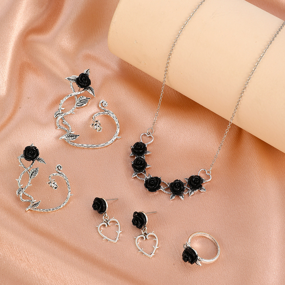 simple rose necklace ring retro simple three-dimensional flower ear clip earring Valentineu0027s Day