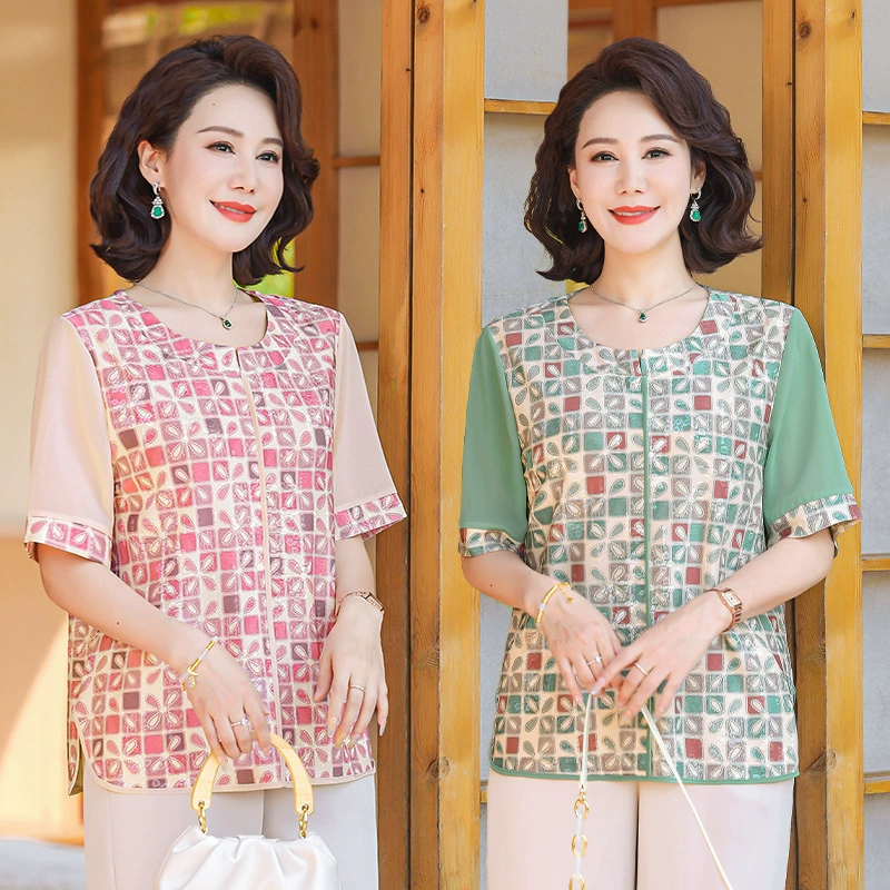 Весенний стиль для 50-летней матери, рубашки с рукавами три четверти, топы для женщин среднего и пожилого возраста, весенние и летние тонкие рубашки с принтом