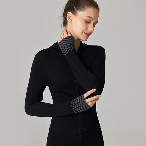 New Style Yoga Sports Hooded Double Zipper Short Jacket Long Sleeve Slimming Sweat Absorption Running Sportswear 