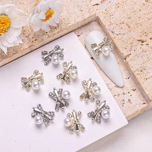 Lz Japanese-style net red nail jewelry bow tie pearl accessories new alloy metal bow drill Accessories Wholesale