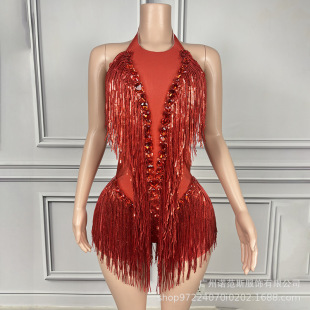 New red white tassel backless fashion suit school celebration performance cheerleading dance livehouse resident singing wear