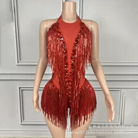 Новый красно-белый модный костюм с бахромой и открытой спиной для школьного юбилейного выступления, для черлидинга/танца, сценический костюм